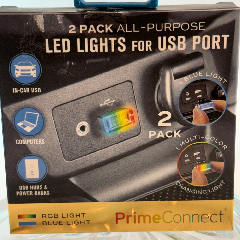 🆕 PrimeConnect 2-Pack USB LED Lights 💚 RGB + Blue Light – Car, PC, Power Bank